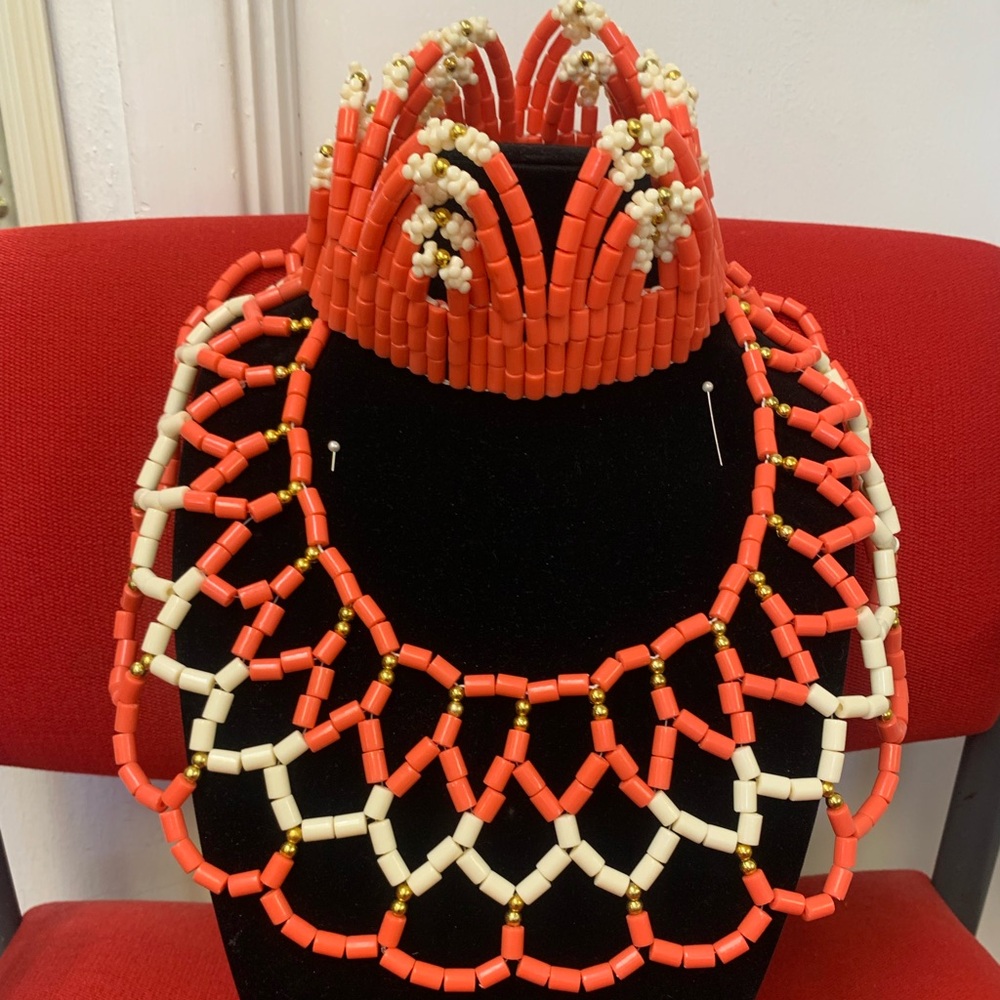 Elegant Coral and Cream Beaded Necklace Set
